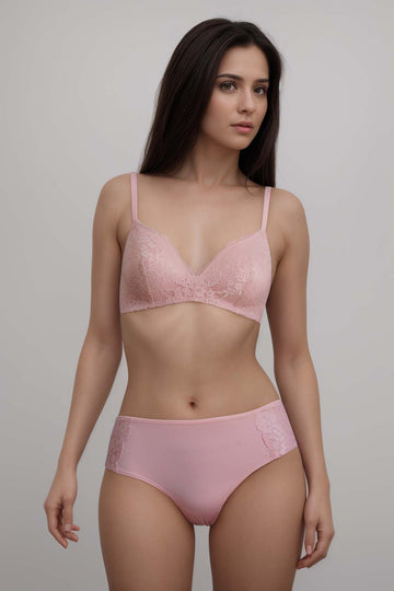 BLS - Ella Wireless And Padded Lace Bra Set - Pink